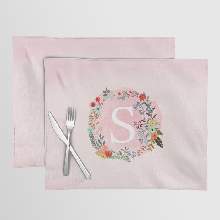 Flower Wreath with Personalized Monogram Initial Letter S on Pink Watercolor Paper Texture Artwork Placemat