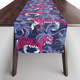 Tigers in a tiger lily garden // textured navy blue background fuchsia pink wild animals very peri flowers Table Runner