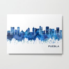 Puebla Mexico Skyline Blue Metal Print | Painting, Landmarks, Downtown, Art, Puebla, Landscape, Cityscape, Illustration, Travel, Skyscrapers 