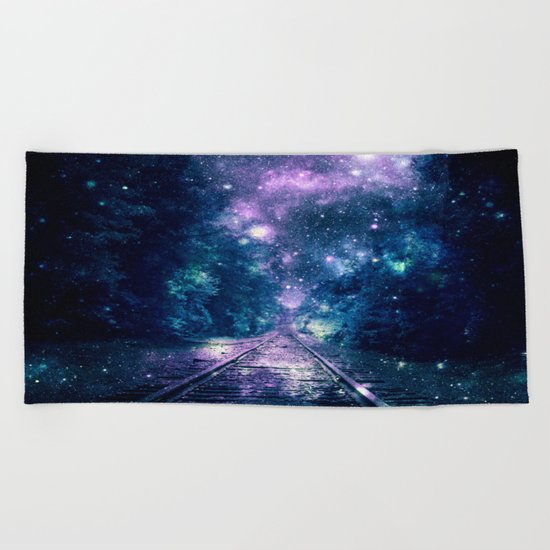 Train Tracks : "Next Stop, Anywhere" Purple Teal Beach Towel