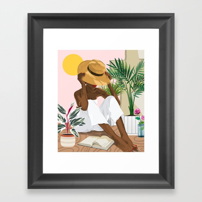Summer Reading | Modern Bohemian Black Woman Travel | Beachy Vacation Book Reader Framed Art Print