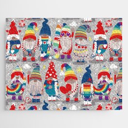 I gnome you // grey background little happy and lovely gnomes with rainbows vivid red hearts Jigsaw Puzzle