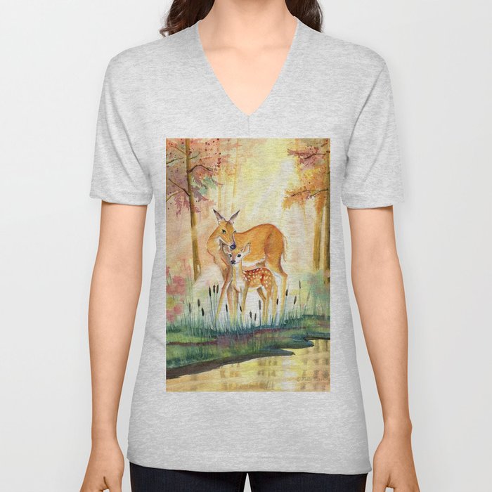 Mom and Little Deer V Neck T Shirt