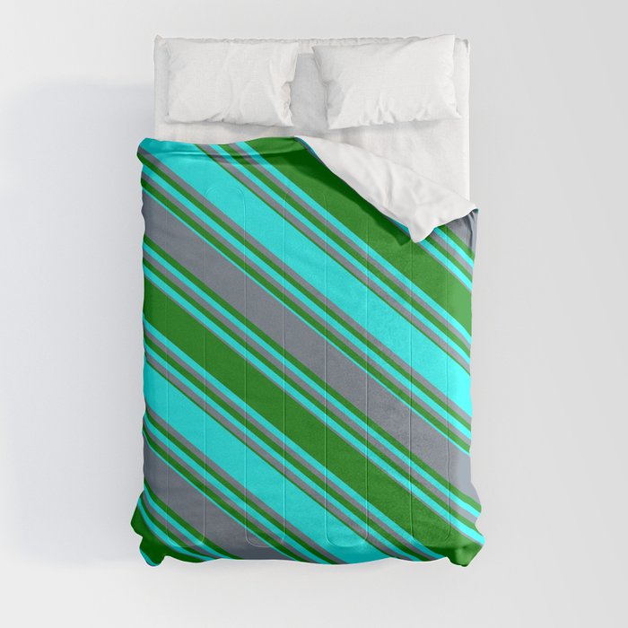 Slate Gray, Green & Cyan Colored Stripes/Lines Pattern Comforter