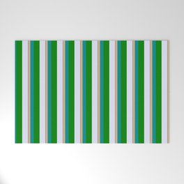 [ Thumbnail: Vibrant Tan, Dark Cyan, Green, Lavender & Black Colored Striped/Lined Pattern Welcome Mat ]