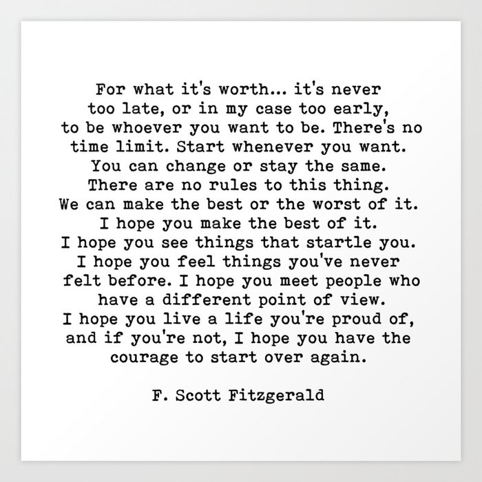 Life Quote For What It S Worth F Scott Fitzgerald Quote Art Print By Theartshed Society6