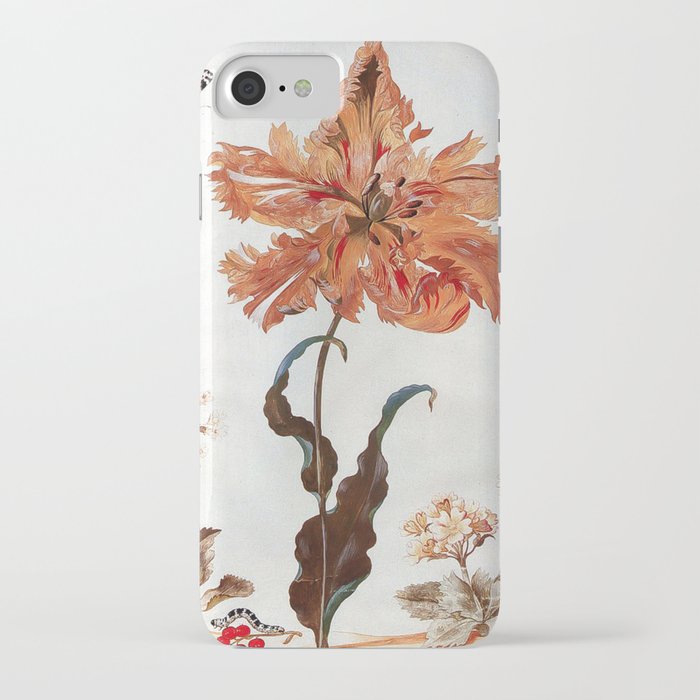 A Parrot Tulip Auriculas & Red Currants with a Magpie Moth Caterpillar Pupa by Maria Sibylla Merian iPhone Case