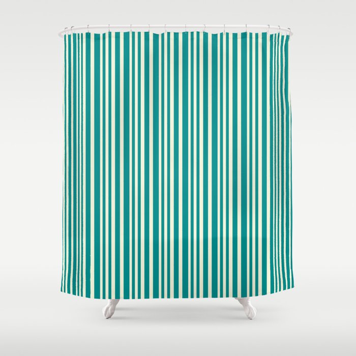 Beige and Dark Cyan Colored Lined Pattern Shower Curtain