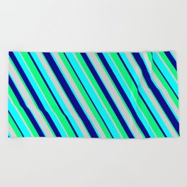 [ Thumbnail: Light Gray, Cyan, Dark Blue & Green Colored Lines Pattern Beach Towel ]