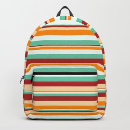 [ Thumbnail: Eye-catching Mint Cream, Aquamarine, Red, Tan & Dark Orange Colored Striped Pattern Backpack ]