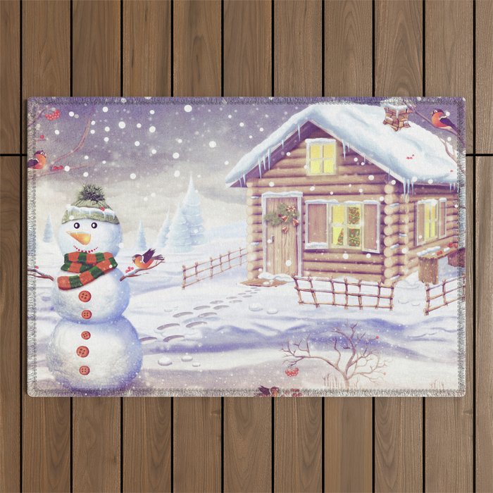 Christmas scene with snowman and house Outdoor Rug