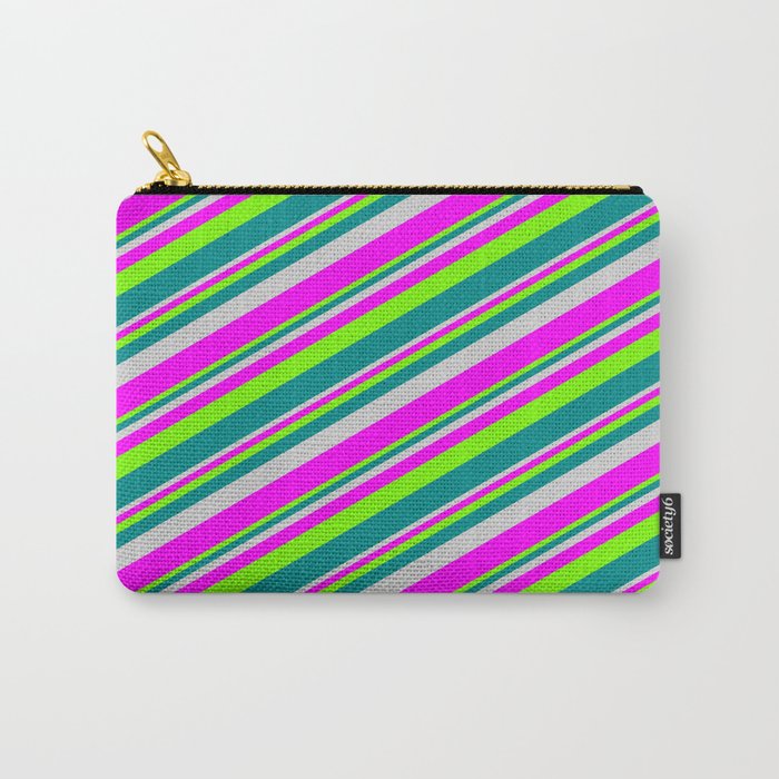 Light Grey, Fuchsia, Green, and Dark Cyan Colored Lines/Stripes Pattern Carry-All Pouch