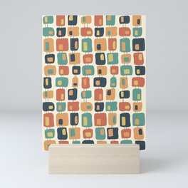 Funky Retro Squares Pattern Charcoal, Teal, Orange and Yellow Mini Art Print