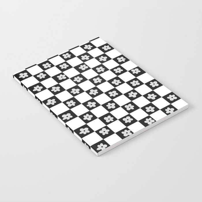 Retro Daisy Checker Chess Pattern - Black and White Notebook