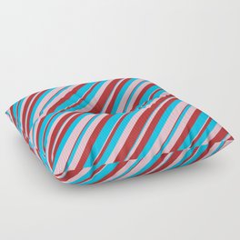[ Thumbnail: Deep Sky Blue, Pink, and Red Colored Lined/Striped Pattern Floor Pillow ]