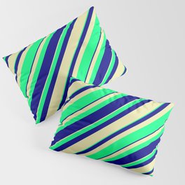[ Thumbnail: Pale Goldenrod, Green, and Blue Colored Stripes/Lines Pattern Pillow Sham ]