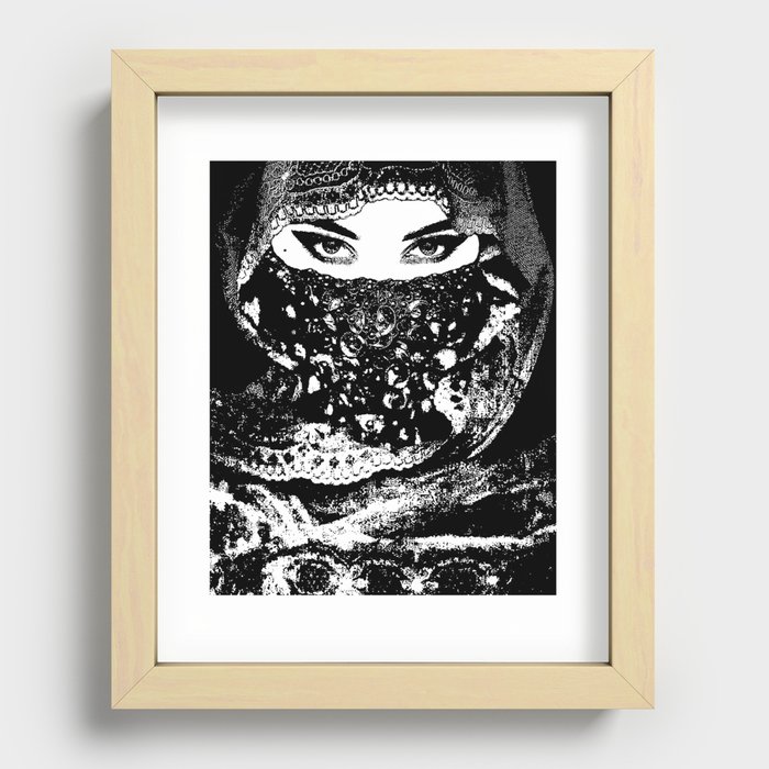 Exotic-eyed Mystery Lady (series) - Close-up of the Beautiful Eyes of a Young Woman Wearing a Bridal Hijab - Aesthetic Woman Portrait - Monochrome - Amazing Black and White Ink painting - Recessed Framed Print