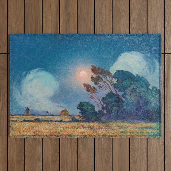 Gust of Wind in the Sun with Windmill and Fields of Red Poppy landscape painting by Ferdinand Loyen du Puigaudeau  Outdoor Rug