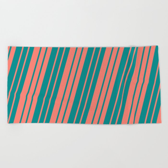 Salmon and Dark Cyan Colored Lined/Striped Pattern Beach Towel