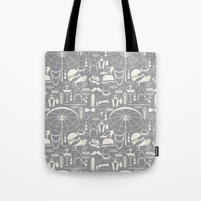 White Old-Fashioned 1920s Vintage Pattern on Silver Grey Tote Bag