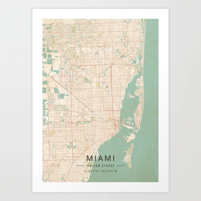 Miami, United States - Vintage Map Art Print