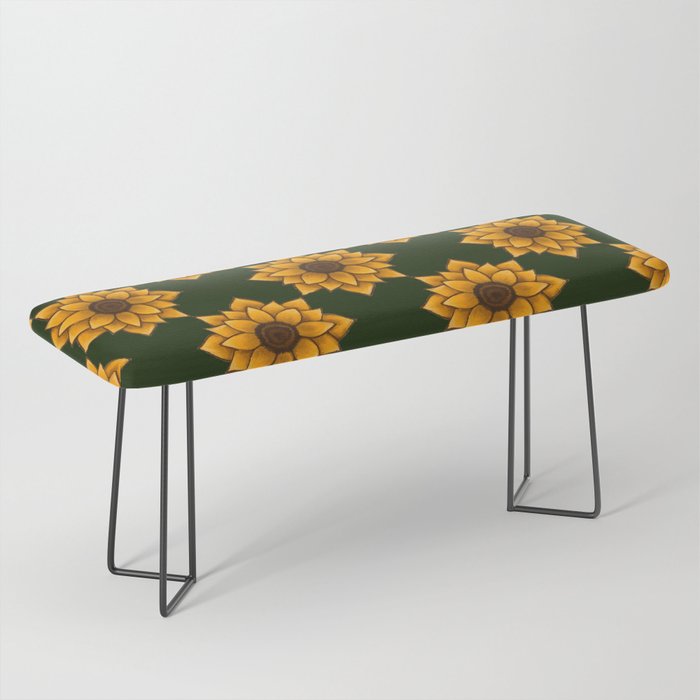 Symmetrical Sunflower on Dark Green Bench