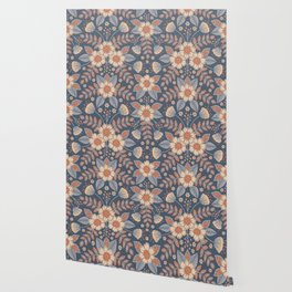 Slate Blue, Cream & Peach Floral Pattern - Pastel Flowers & Leaves Wallpaper