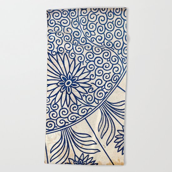 Blue Oriental Vintage Tile 01 Beach Towel
