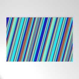 [ Thumbnail: Colorful Aquamarine, Slate Gray, Cyan, Blue & Sienna Colored Striped/Lined Pattern Welcome Mat ]