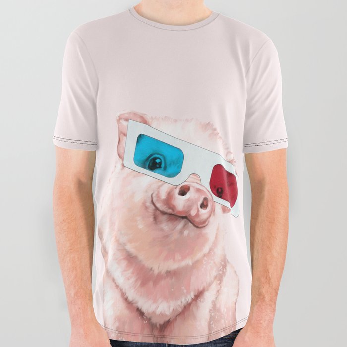 Baby Pink Pig Wear Glasses Pink All Over Graphic Tee