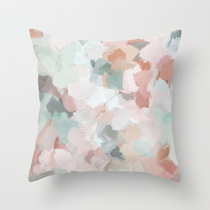 Minty Kisses - Blush Pink Mint Green Blue Coral Peach Abstract Flower Wall Art Springtime Painting Throw Pillow