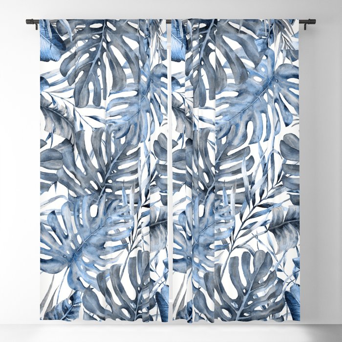 Vintage Blue Tropical Palm Leaves Blackout Curtain