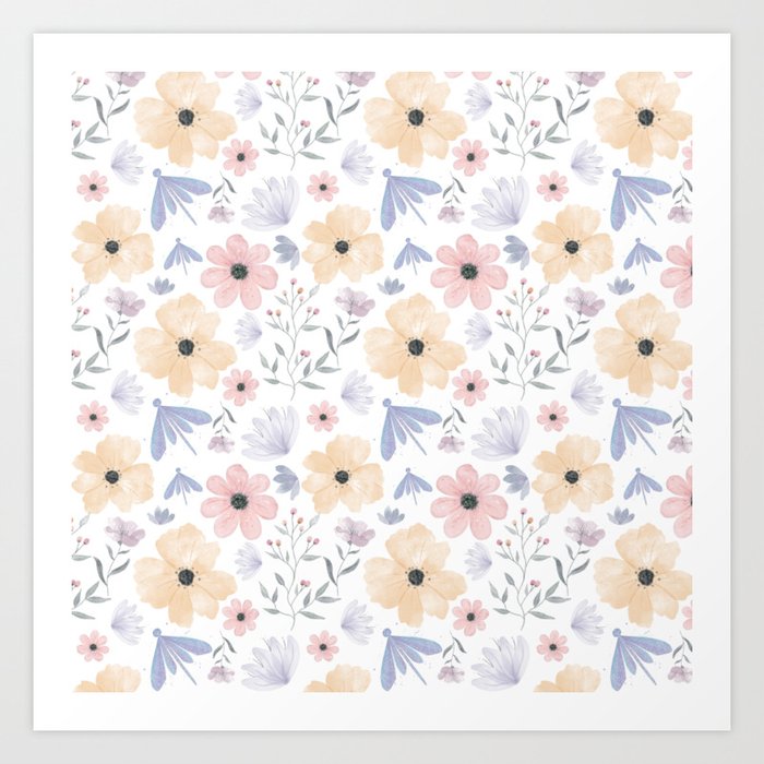 Pink and Orange Floral Pattern with Dragonflies Art Print
