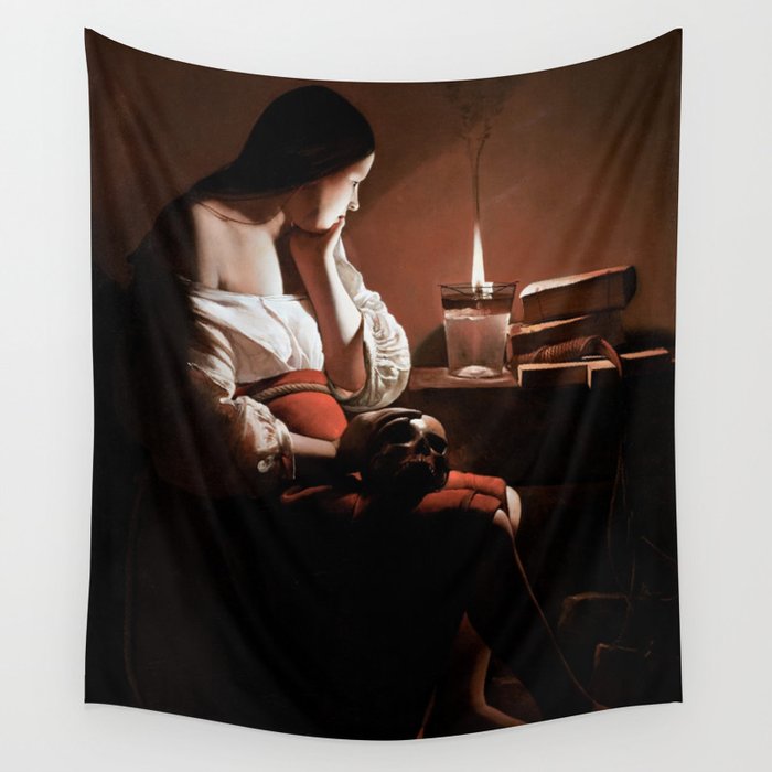 Magdalen with the Smoking Flame female staring at flame with skull of lover in hand portrait painting Wall Tapestry