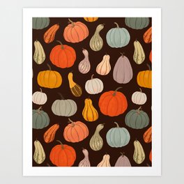 Fall Pumpkin and Squash - Dark Brown Background Art Print