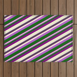 [ Thumbnail: Orchid, Dark Green, Purple, and Light Yellow Colored Stripes Pattern Outdoor Rug ]