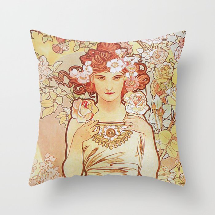 Rose by Alphonse Mucha 1897 // Vintage Girl with Red Hair Floral Love Design Throw Pillow
