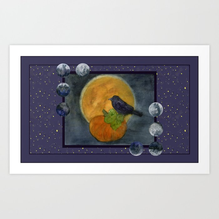 Autumn's Story, Raven Upon A Pumpkin at Full Moon Art Print