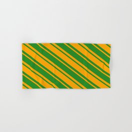 [ Thumbnail: Orange and Forest Green Colored Lines Pattern Hand & Bath Towel ]