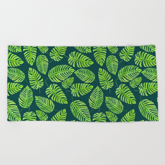 Monstera leaves, tropical watercolor pattern Beach Towel
