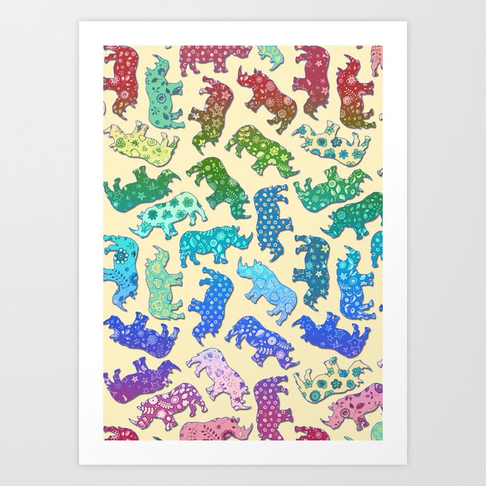 Rhino Patchwork Pattern - rainbow Art Print