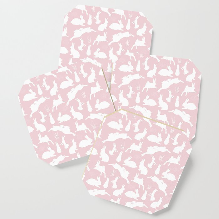 Rabbit Pattern | Rabbit Silhouettes | Bunny Rabbits | Bunnies | Hares | Pink and White | Coaster