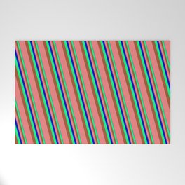 [ Thumbnail: Blue, Green, Sienna & Light Coral Colored Striped/Lined Pattern Welcome Mat ]
