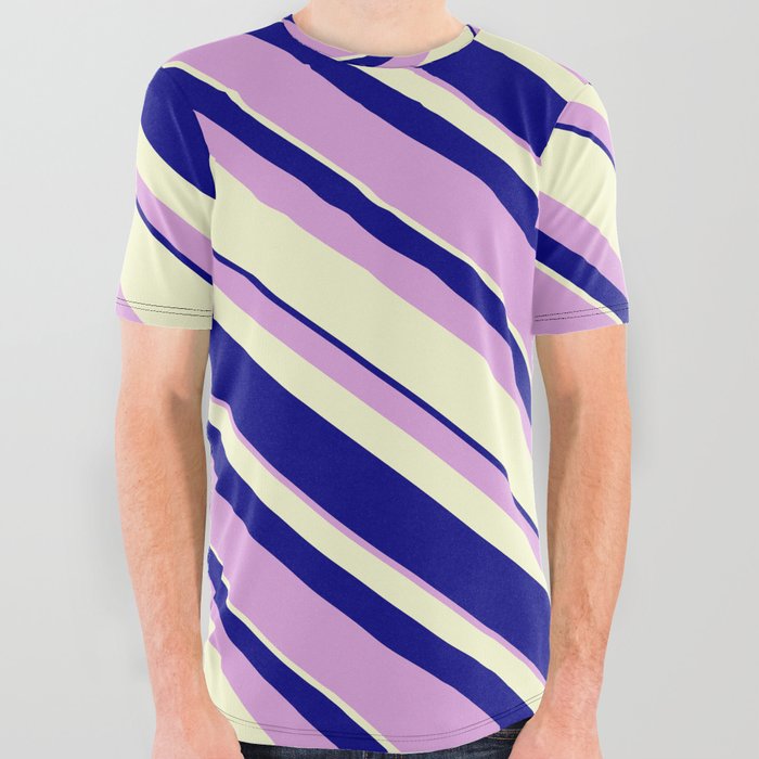 Blue, Plum, and Light Yellow Colored Lines Pattern All Over Graphic Tee