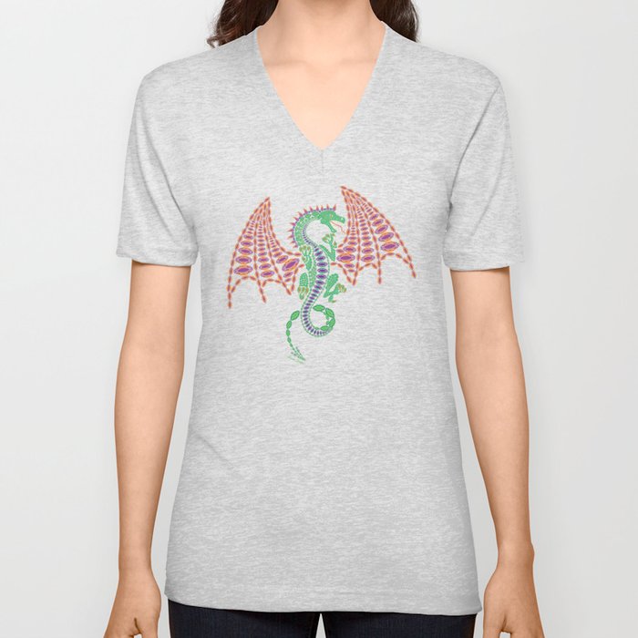 Jeweled Dragon on Black V Neck T Shirt