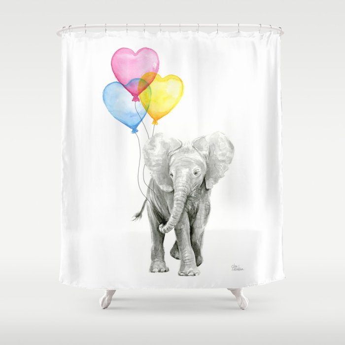 Elephant Watercolor With Balloons Rainbow Hearts Baby Animal Nursery Elephant Watercolor With Balloons Rainbow Hearts Baby Animal Nursery Prints Shower Curtain