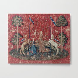 Lady and Unicorn Medieval Tapestry Taste Metal Print | Taste, Ladyandunicorn, Middleage, Antique, Painting, Magicalanimal, Unicorn, Tapestry, Floralmillefleur, Vintage 