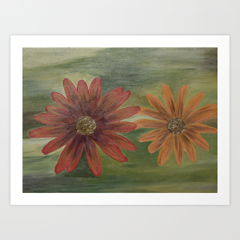 Beautiful Acrylic Painting With Orange Flowers On Green Background