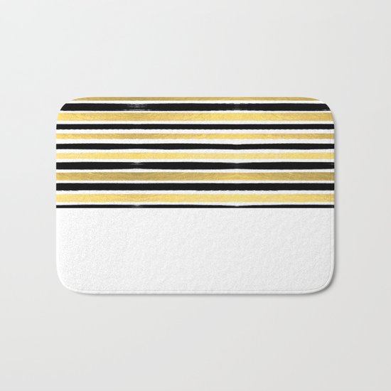 Black and white gold stripes modern brushstrokes minimal art print abstract painting gold foil Bath Mat