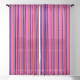 [ Thumbnail: Deep Pink, Red & Blue Colored Lined Pattern Sheer Curtain ]